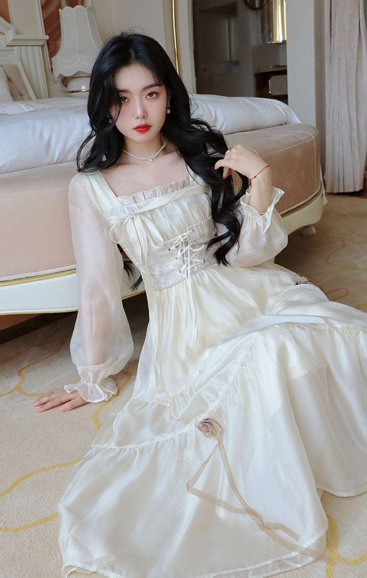 French Elegant Delicate Rose Princess Embroidery Jacquard Satin Soft Cream Long Sleeve Dress