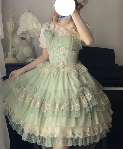 Tea Party Sugar Girl Pink Blue Green Cream Strap Dress