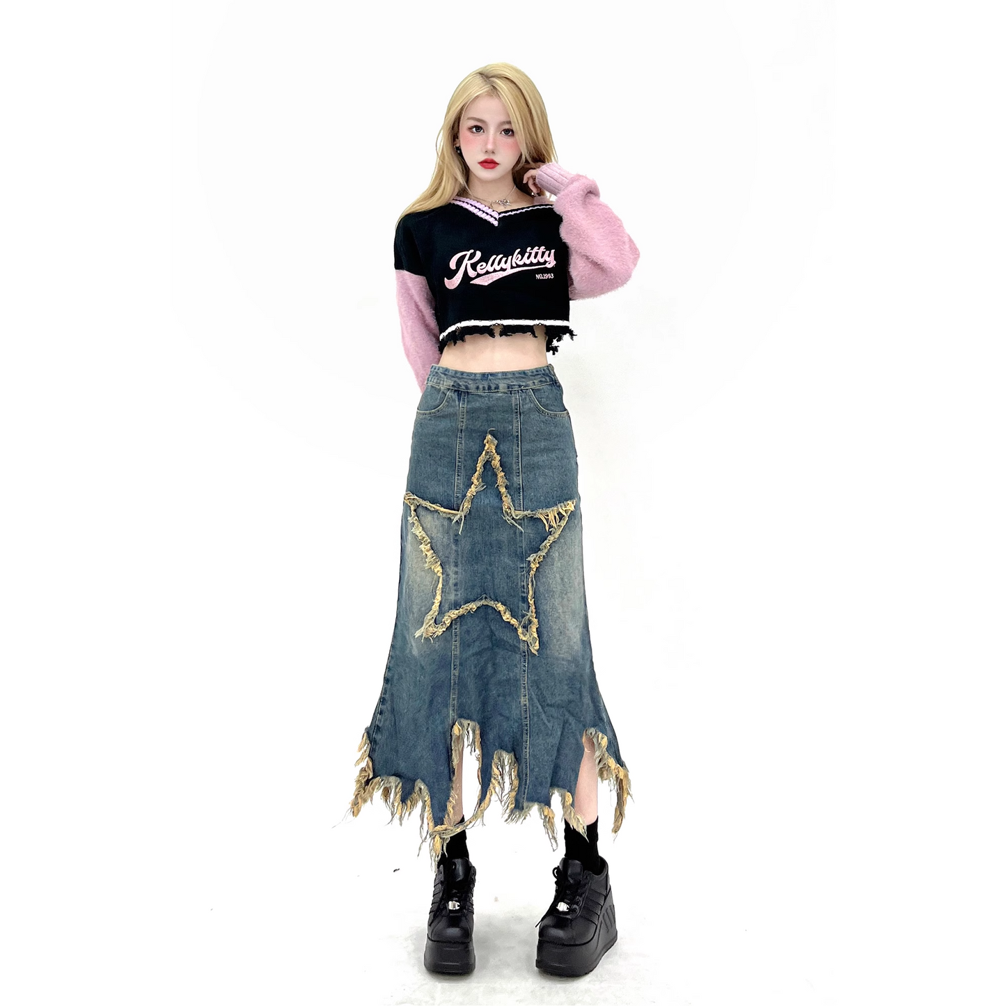 Y2K Sweet Spice Hot Girl Star Retro Vintage Irregular Denim Skirt