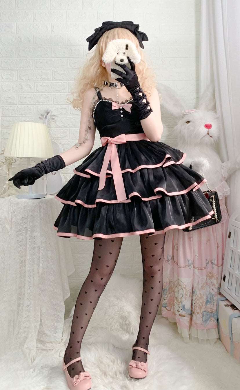 Black Pink White Sweet Lace Layered Cake Strap Dress