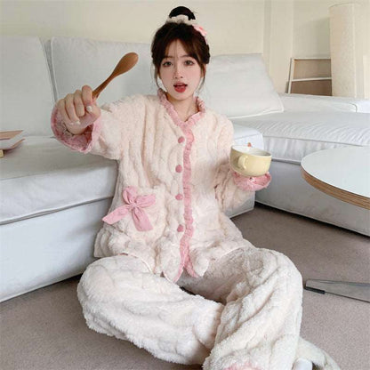 Japanese Girl Fashion Woman Autumn Winter Warm Bow Cream Pink White Soft Fluff Plush Cute Top Pants Two Piece Set Pajamas