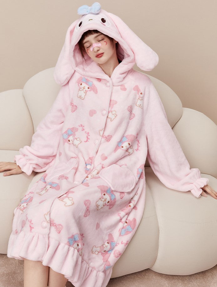 Pink Cartoon Melody Plush Coral Fleece Winter Pajamas Hooded Tops & Pants Two Piece