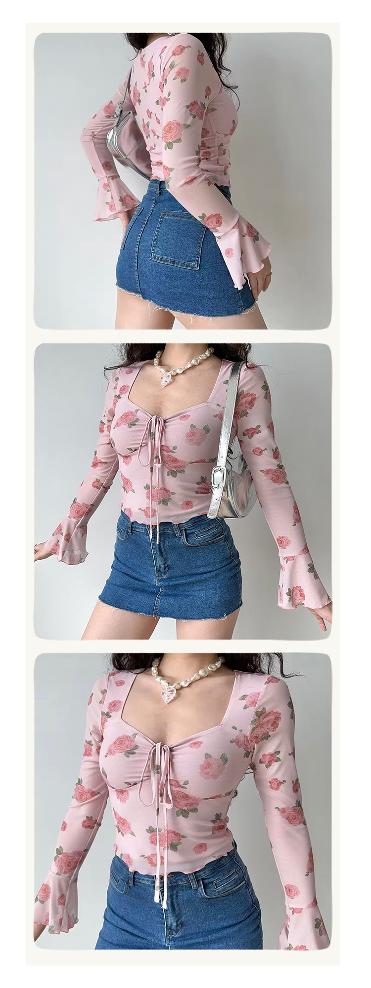 French Sweet Rose Print Bell Sleeve Square Neck Top Shirt