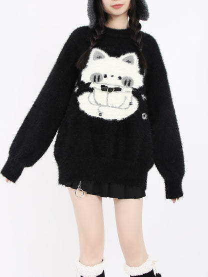 Haunted Night Black Cat Cute Mink Faux Fur Cozy Sweater