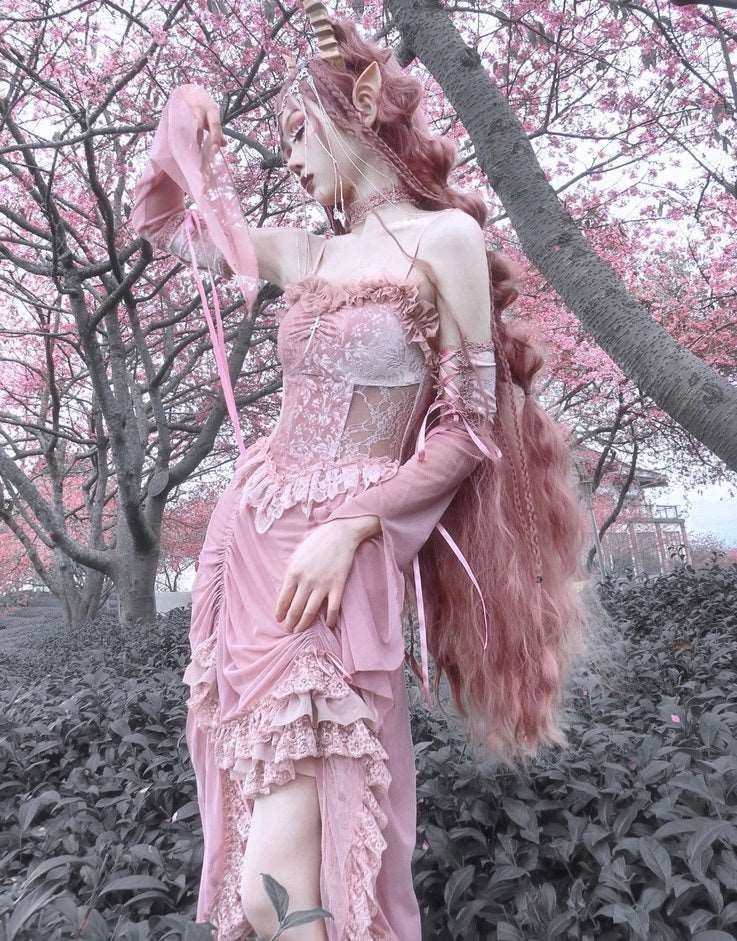 Blood Supply Guardian of Sakura Tress Gothic Lace Velvet Pink Suspender Dress