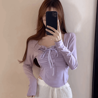 White Purple Sweet Beautiful Girl Women Lace Ribbon Long Sleeve Shirts