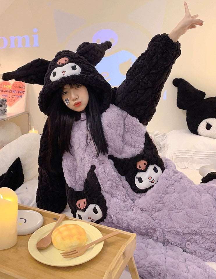 Black & Purple Kuromi Cute Cartoon Women Girl Thick Plush Coral Fleece Warm Winter Pajamas Sleepwear Hooded Nightgown Coat & Pants Two Piece Set