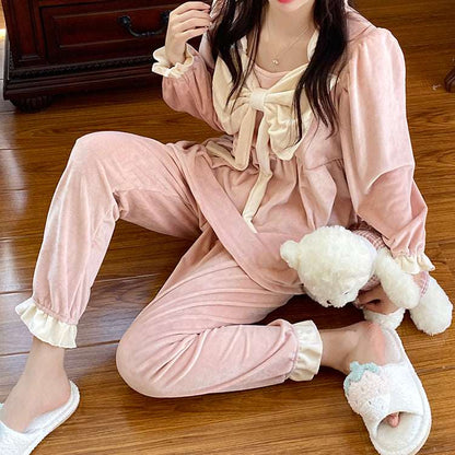 Sweet Big Bow Flannel Pink Gray Navy Color Women Long Sleeve Tops & Pants Pajama Sleepwear