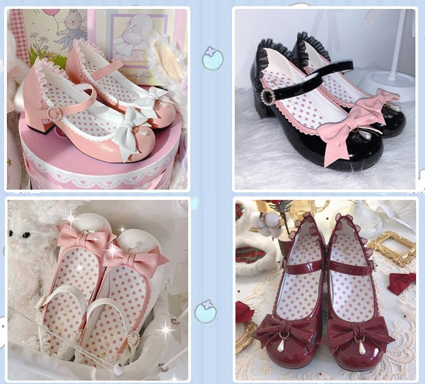 Sweet Cute Mary Jane Lace Black Pink White Red Leather High Heels Shoes