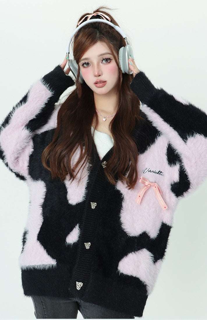 Black Pink Cow Autumn V Neck Knitted Sweater Cardigan