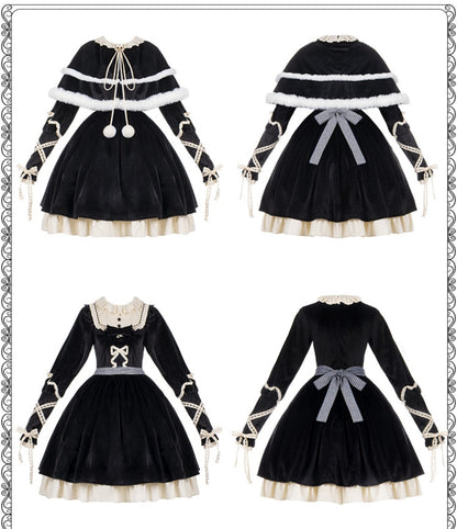 Universal Lolita Gothic Winter Ribbon Black Dress Cloak Two Piece Set