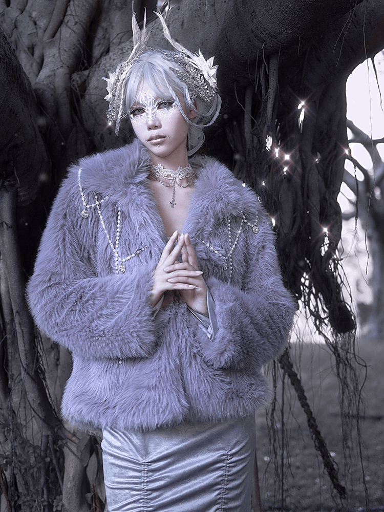 Swan Dream Snow Princess Purple Gray Pearl Artificial Fox Fur Winter Jacket Coat