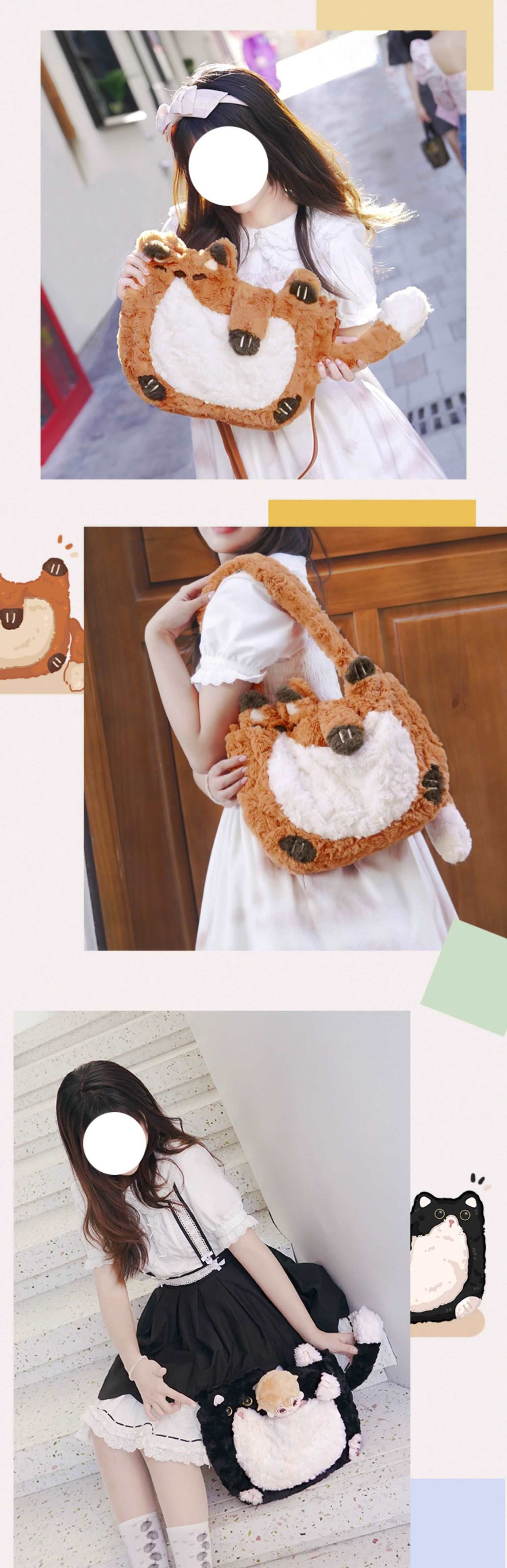 Cute Little Fox & Black Cat Shoulder Messenger Bag Japanese Plush Doll Handbag