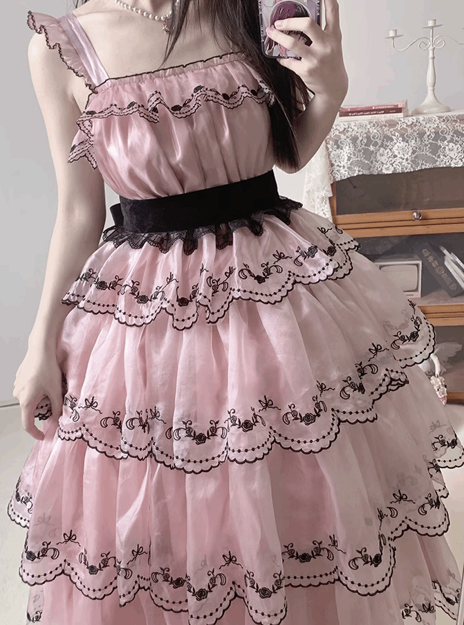 Dance of the Flowers Princess Elegant Black Pink Strap Dress