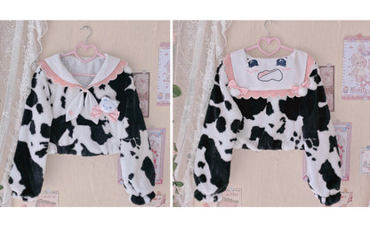 Cow Pattern Black White Pink Sailor Collar Plush Jacket