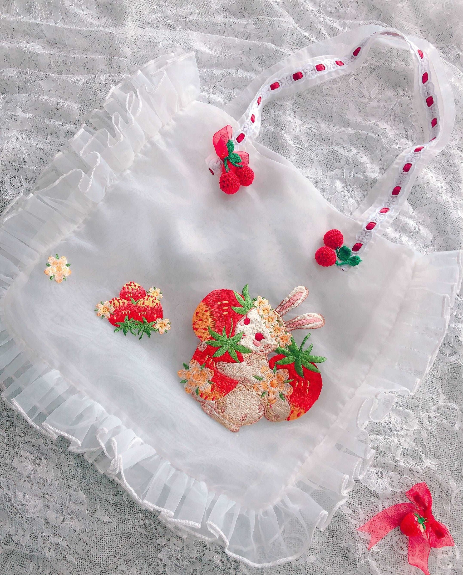 Cute Embroidery Strawberry Bunny Rabbit Cherry Messenger Shoulder Tote Bag