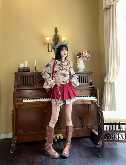 Red Rose Newspaper Retro Ruffled Top Spliced Skirt Two Piece Set