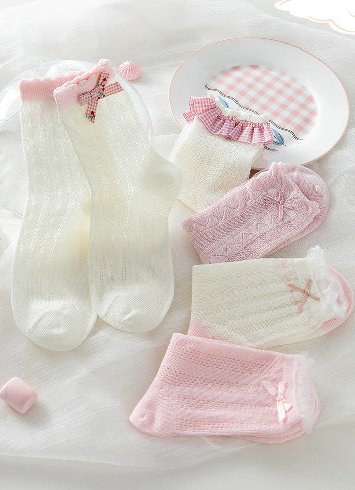 Sweet Coquette Girl Pink & White Cotton Socks 5 Patterns Pairs Sets