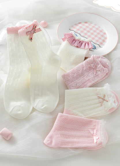 Sweet Coquette Girl Pink & White Cotton Socks 5 Patterns Pairs Sets