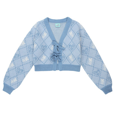 Y2K Jacquard Argyle Pink Blue Knit Cardigan & Denim Skirt & Leg warmers Three Piece Set