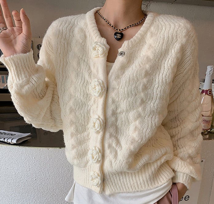 Rose Button Knit Pink Cream Blue Sweater Cardigan