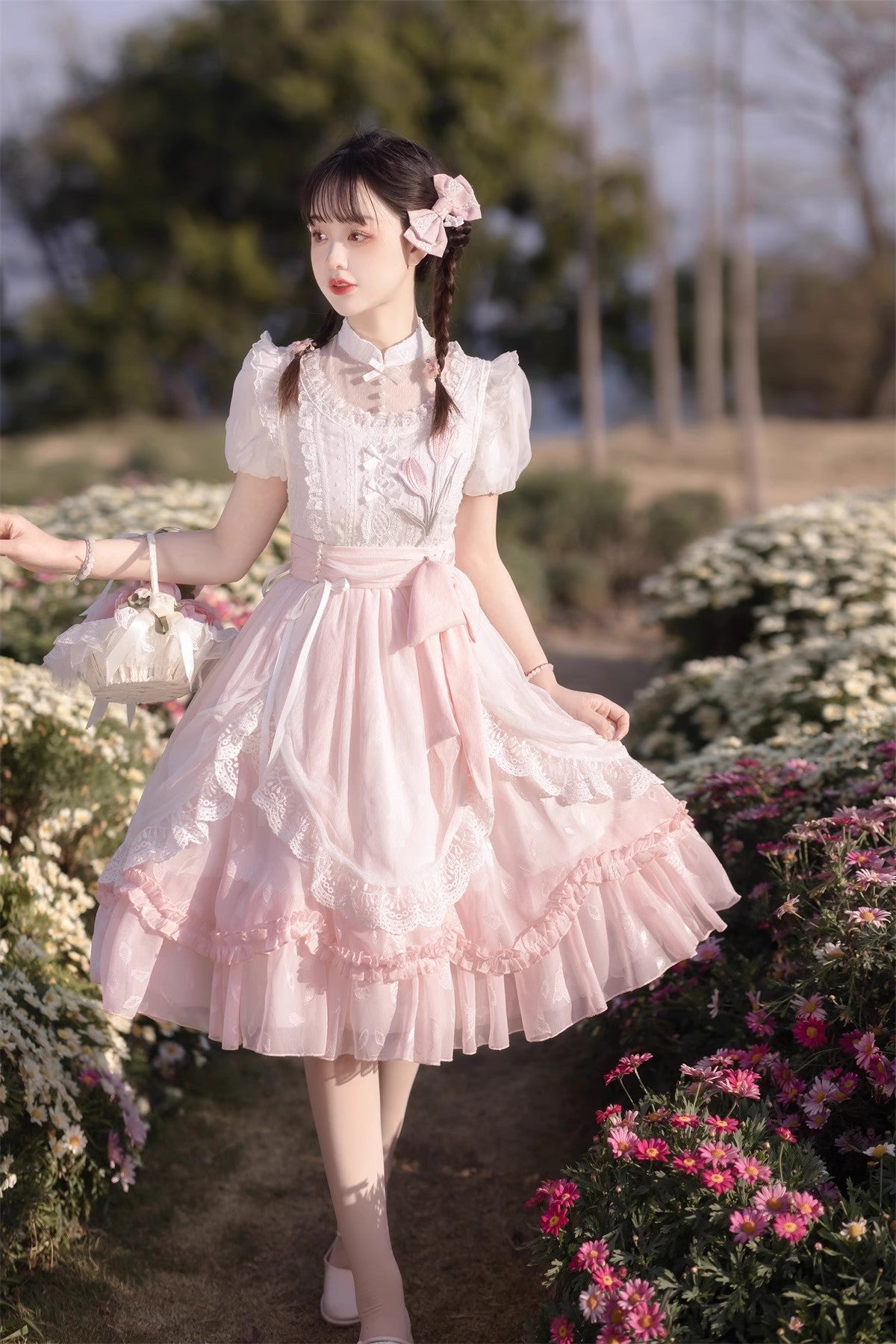 Tulip Princess Floral Flower Fairy Pink White Lace Bow Dollcore Puff Sleeve Dress