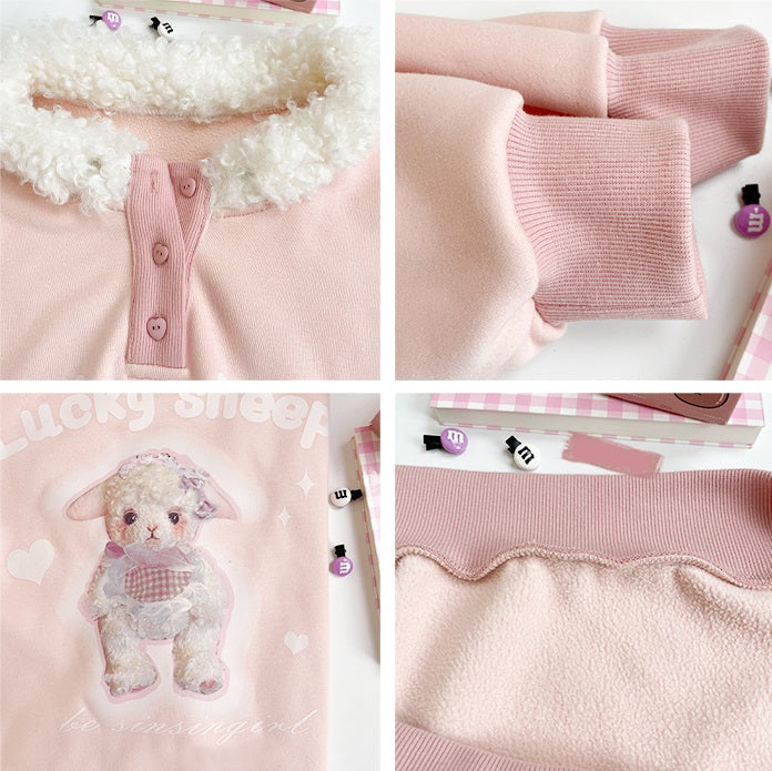 Fur Collar Sheep Puppy Print Pastel Cream Pink Pullover Sweatshirt