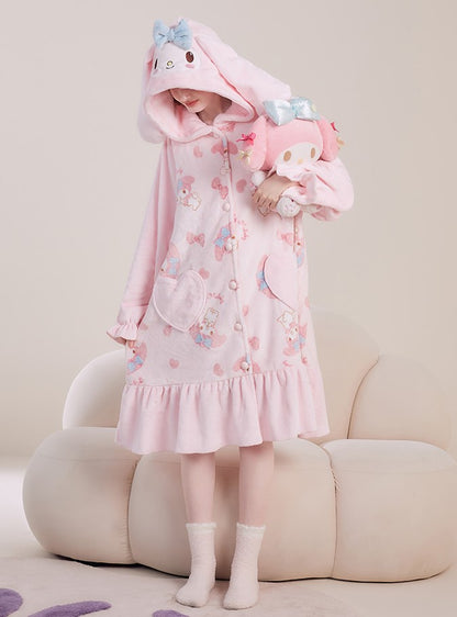 Pink Cartoon Melody Plush Coral Fleece Winter Pajamas Hooded Tops & Pants Two Piece