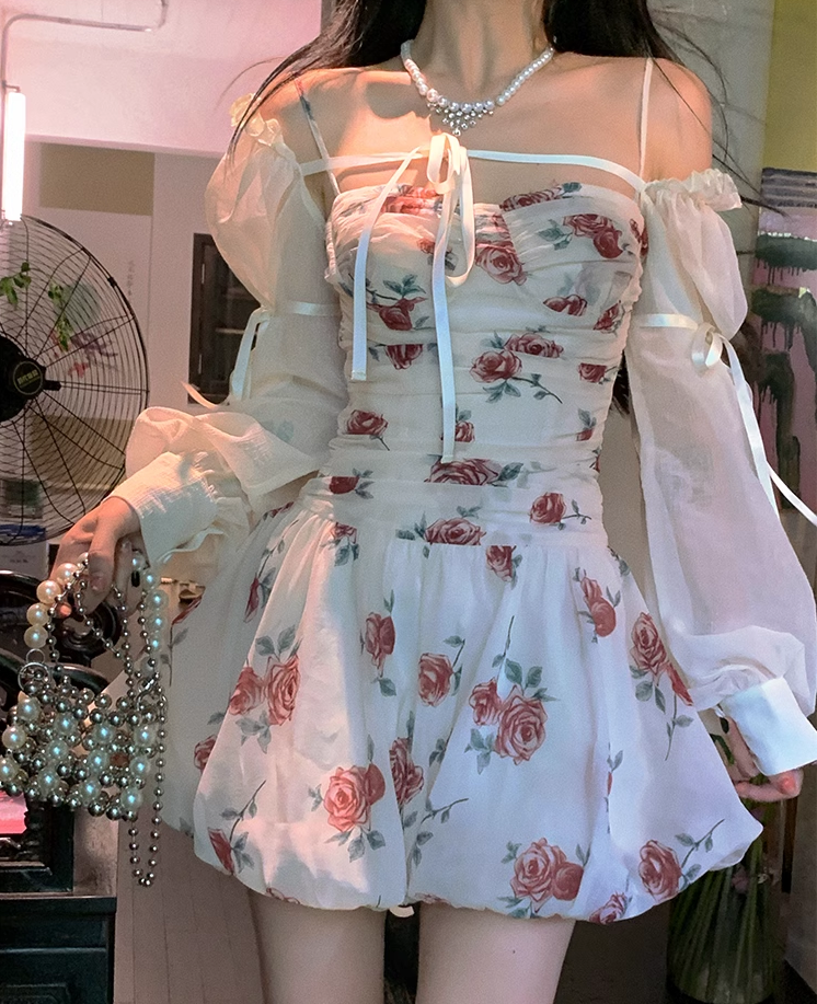 Flower Floral Fairy Summer Spring French Style Puff Sleeve Princess Suspender Dress