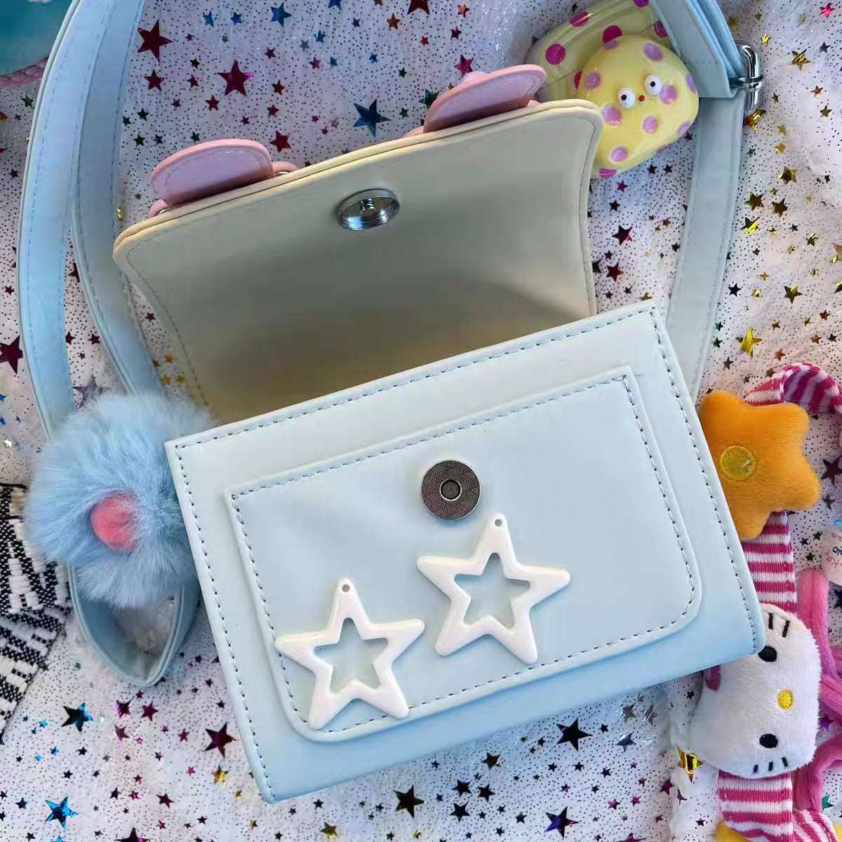 Cream Sweet Pink Yellow Blue Pastel College Style Cow Star Pattern Strap Handbag Messenger Bag