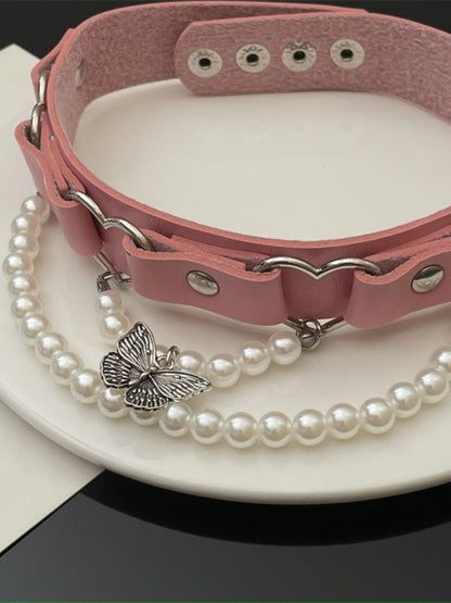 Butterfly Pearl Pink PU Leather Choker Necklace