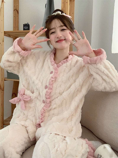 Japanese Girl Fashion Woman Autumn Winter Warm Bow Cream Pink White Soft Fluff Plush Cute Top Pants Two Piece Set Pajamas