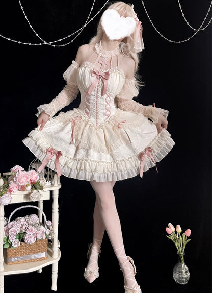 White Pink Sweet Fairycore Princess Halter Neck Suspender Corset Bow Ribbon Dress