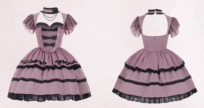 Coral Sea Purple Black Rose Regal Elegant Princess Lace Bow Dollcore Girl Dress