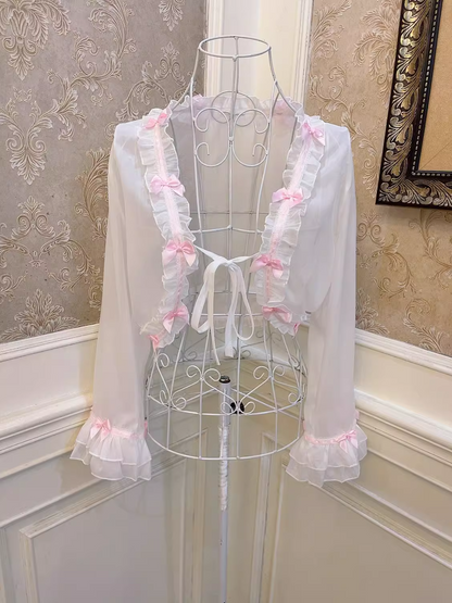 Sweetheart Princess Coquette Sweet White Pink Bow See Through Cardigan Tank Top Skirt Three Piece Set