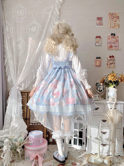 Sugar Girl Rose Rabbit Bunny Pink & Blue Pattern Print Lace Bow Strap Dress