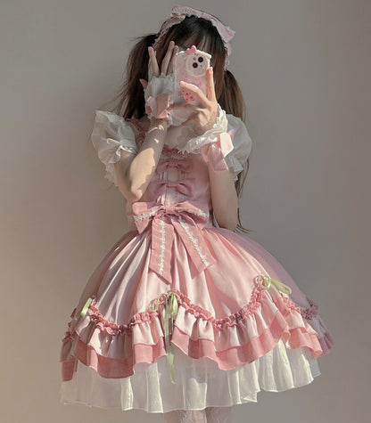 Lolita Pink Cute Princess Ruffled Bow Layered Short Cake Dress