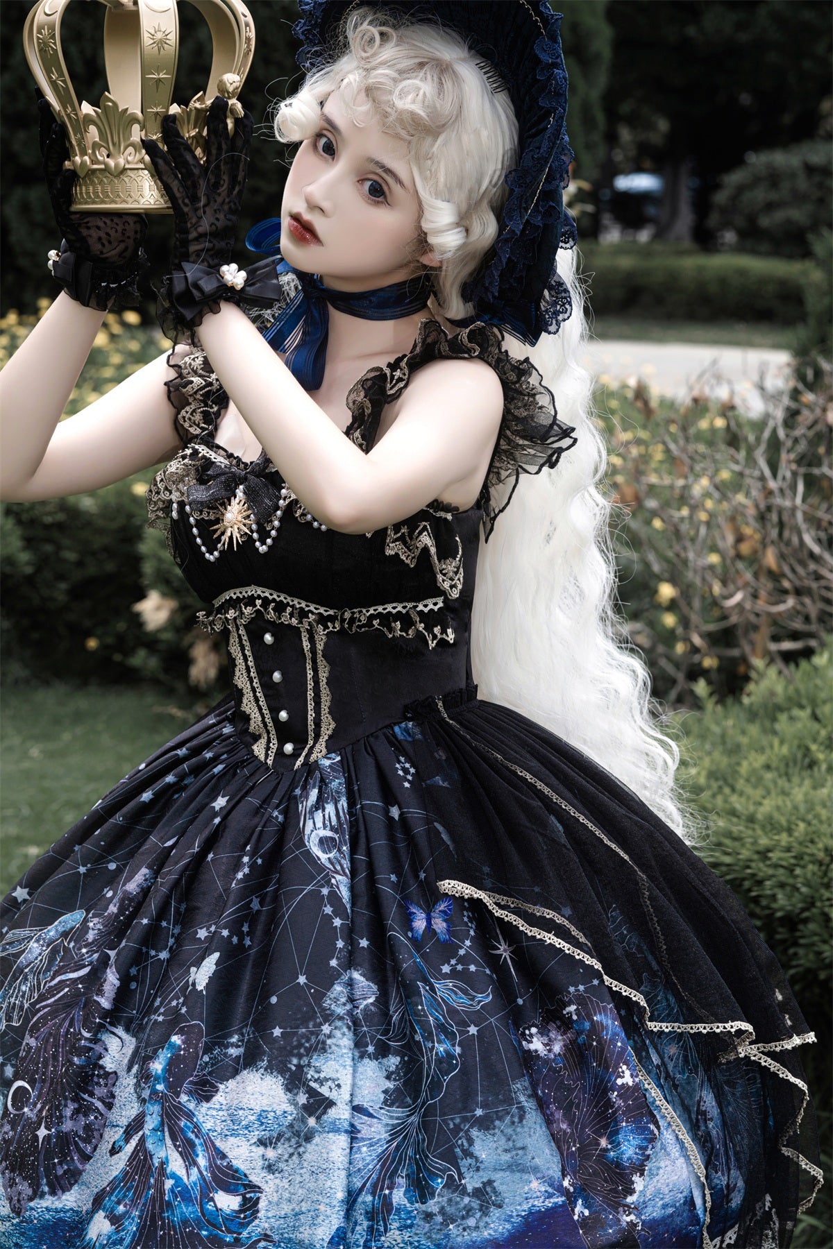 Dark Witch Starry Sky Sun Blue Black Gold Elegant Princess Strap Dress