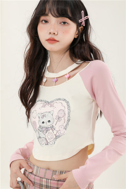 Raglan White Pink Cat Kitten Print Top Shirt