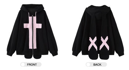 Rabbit Ears Pink Cross Cool Trendy Goth Sweatshirt Jacket Oversize Black Hoodie