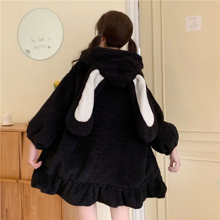 Rabbit Ears Black White Fluffy Winter Coat Jacket