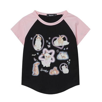 Cute Rabbit Raglan Black Pink Blue Cream Y2K Short Sleeve T Shirt Top