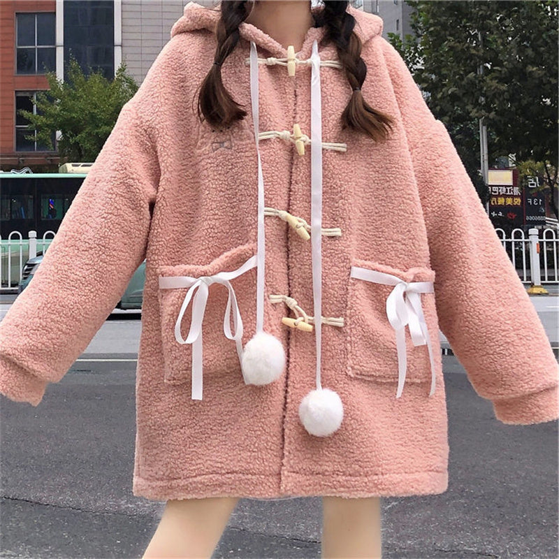 Cute Teddy Bear White Pink Autumn Winter Coat