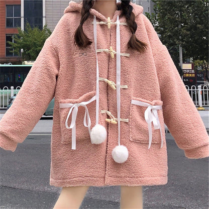 Cute Teddy Bear White Pink Autumn Winter Coat