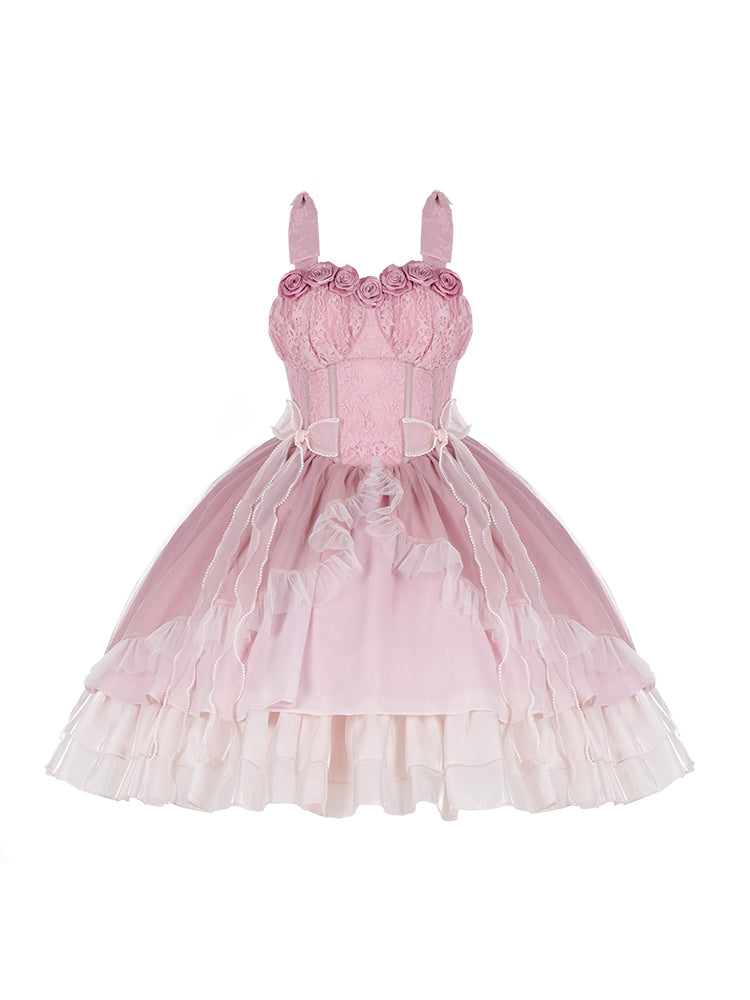 Universal Lolita Elegant Rose Fairy Flower Girl Emboidery Pink Strap Dress