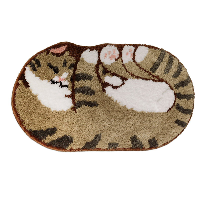 Cute White Brown Tabby Cat Neko Animal Soft Mat Rugs Carpets Bathroom Bedroom Decor