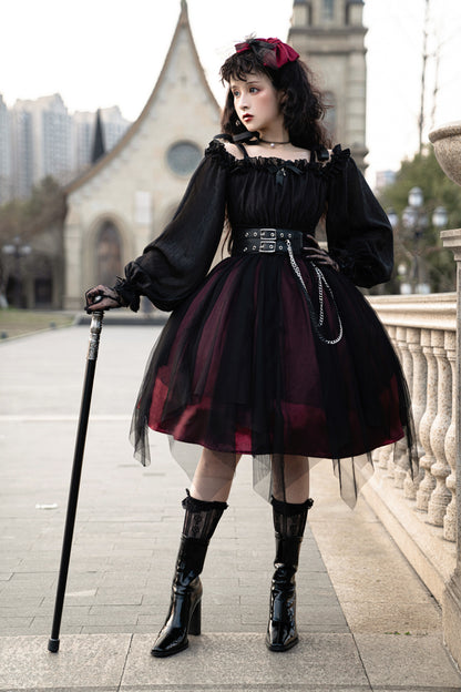 Gothic Dark Witch Off Shoulder Strap Black Red Long Sleeve Dress