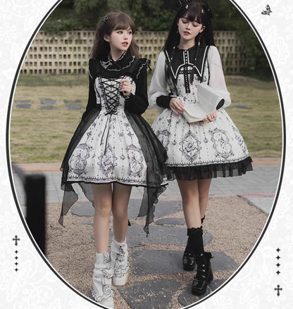 Butterfly Twins Gray Black White Gothic Princess Lace Bow Dollcore Girl Dress