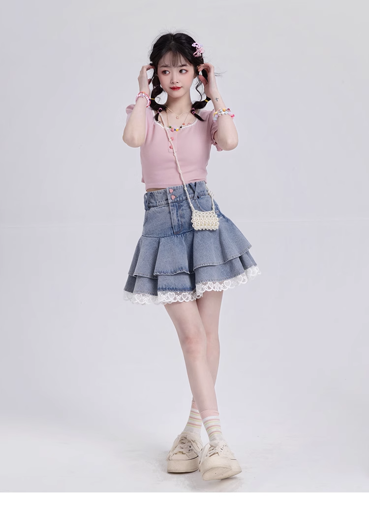 Y2K Sweet White Lace Heart Buttons Blue Denim Mini Skirt