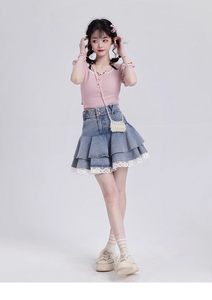 Y2K Sweet White Lace Heart Buttons Blue Denim Mini Skirt